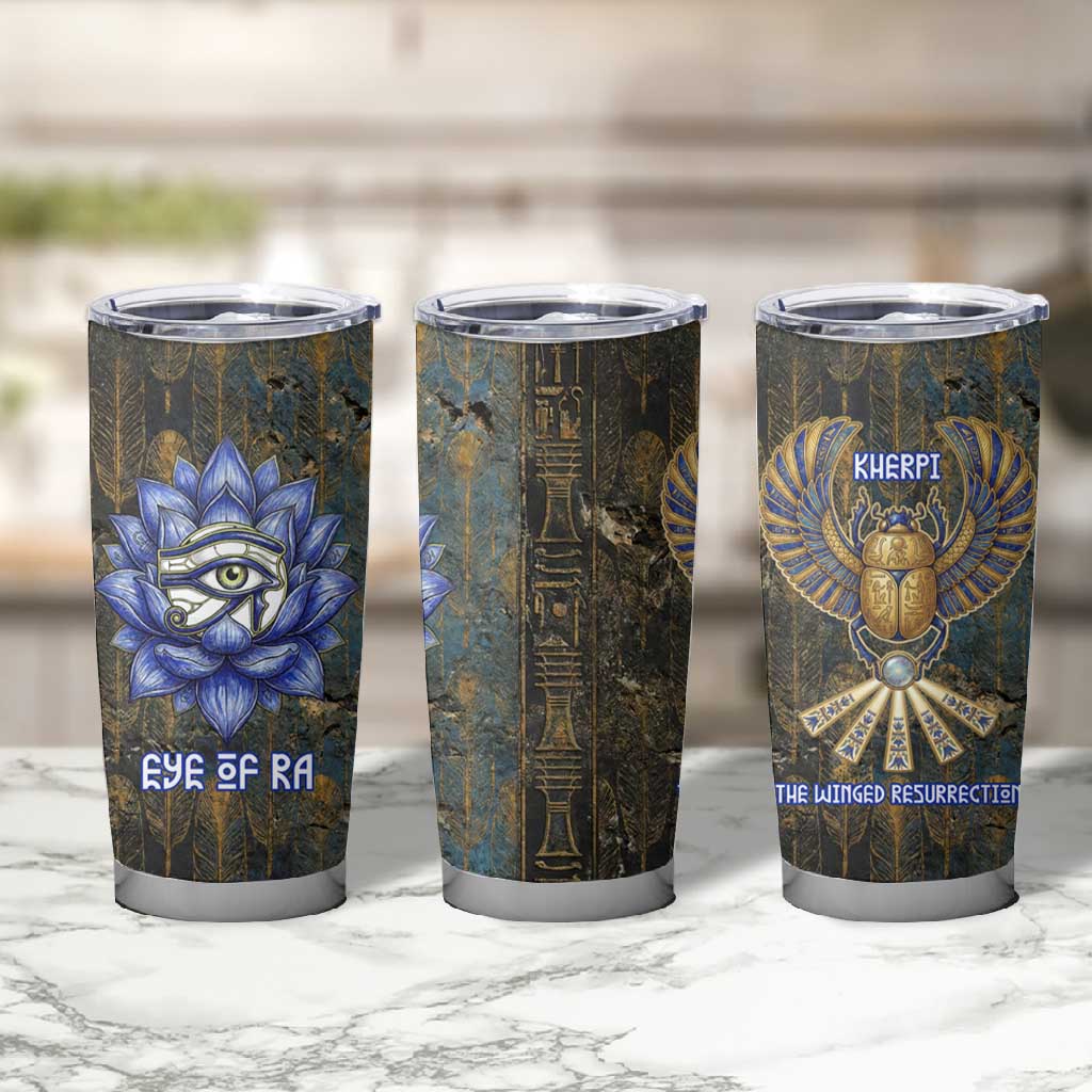 Khepri Ancient Egyptian Tumbler Cup Dark Hieroglyphic, Blue Lotus Eye Symbol, and Winged Scarab Resurrection - African Pride