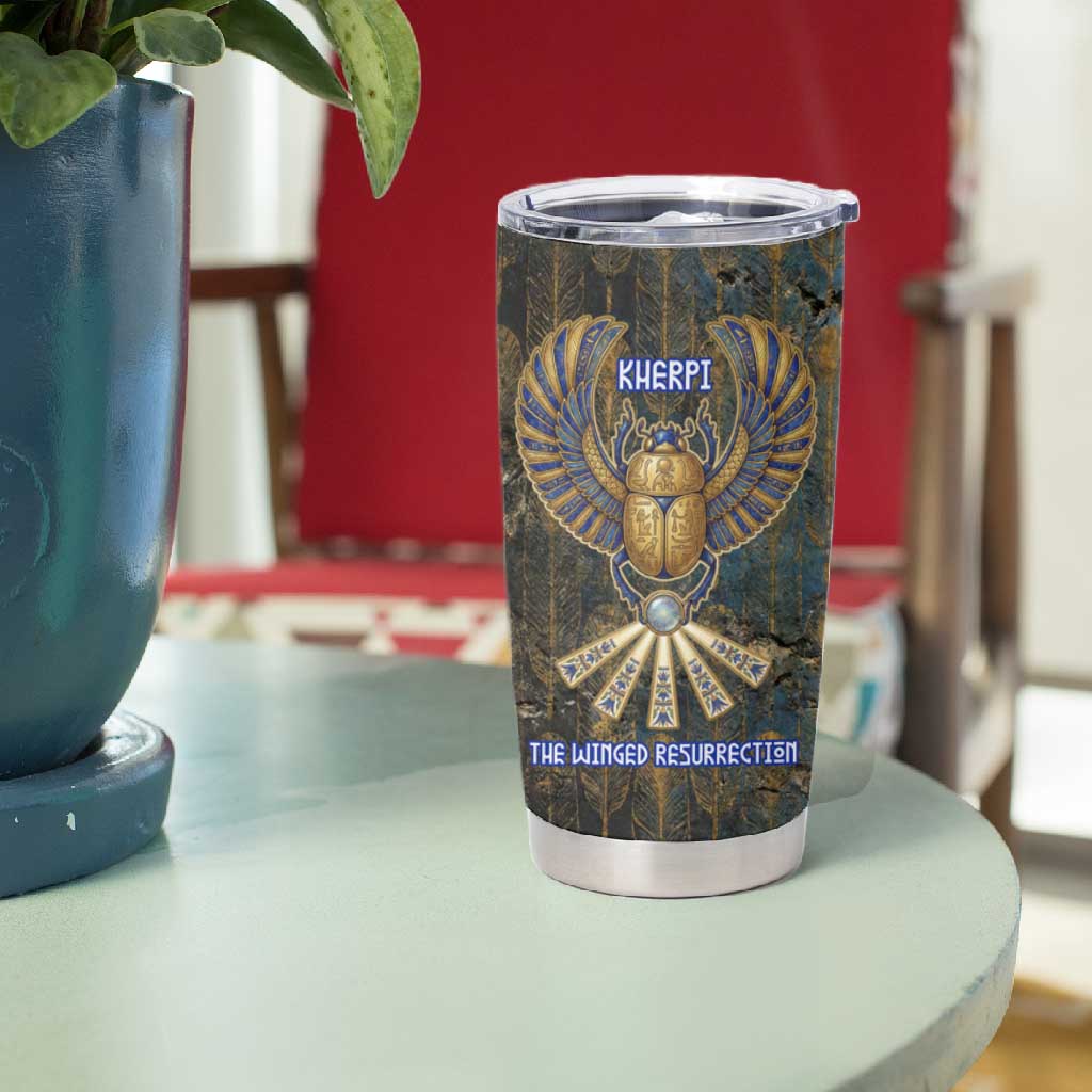 Khepri Ancient Egyptian Tumbler Cup Dark Hieroglyphic, Blue Lotus Eye Symbol, and Winged Scarab Resurrection - African Pride