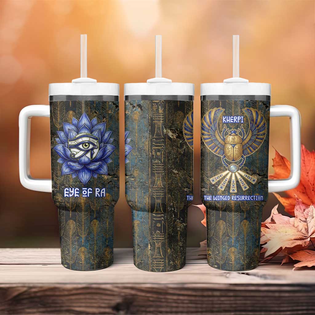 Khepri Ancient Egyptian Tumbler With Handle Dark Hieroglyphic, Blue Lotus Eye Symbol, and Winged Scarab Resurrection - African Pride