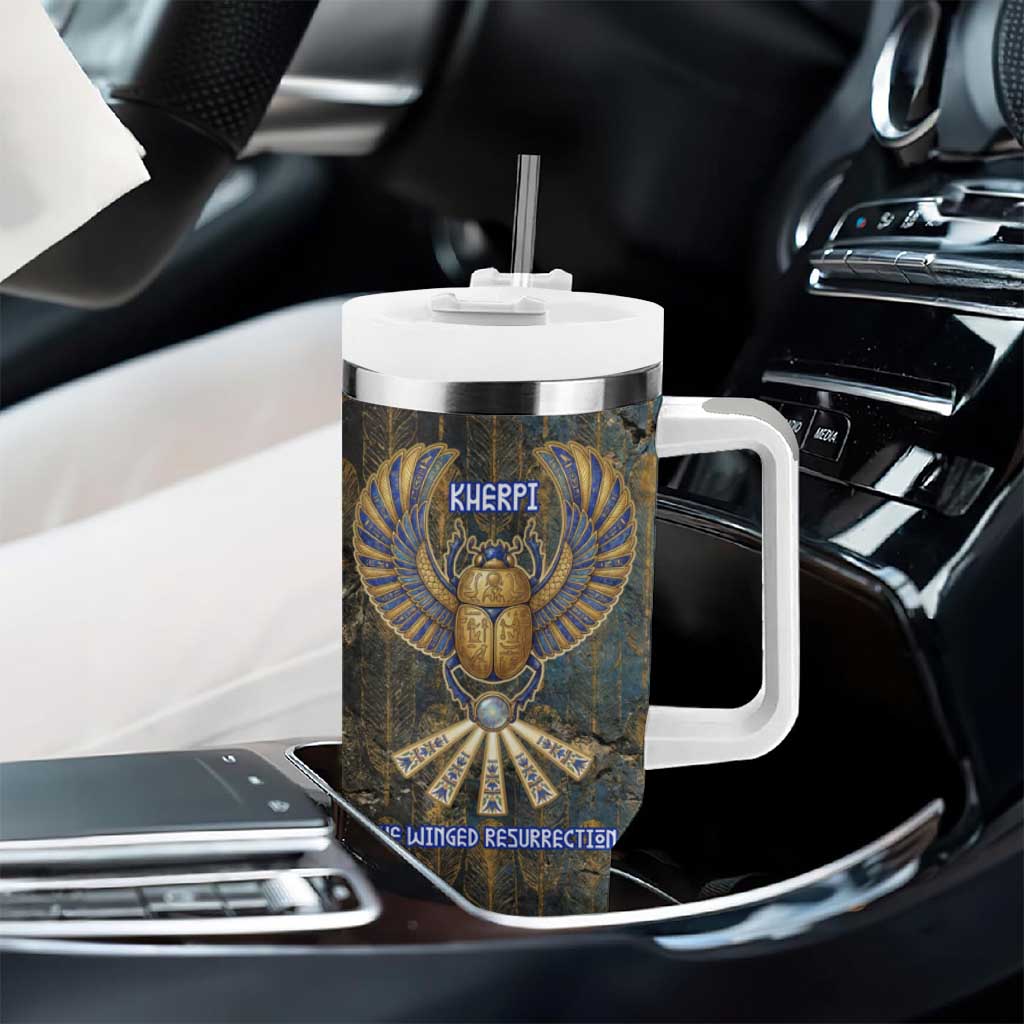 Khepri Ancient Egyptian Tumbler With Handle Dark Hieroglyphic, Blue Lotus Eye Symbol, and Winged Scarab Resurrection - African Pride