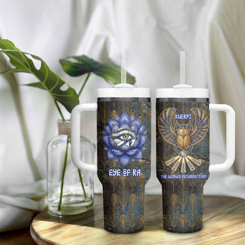 Khepri Ancient Egyptian Tumbler With Handle Dark Hieroglyphic, Blue Lotus Eye Symbol, and Winged Scarab Resurrection - African Pride