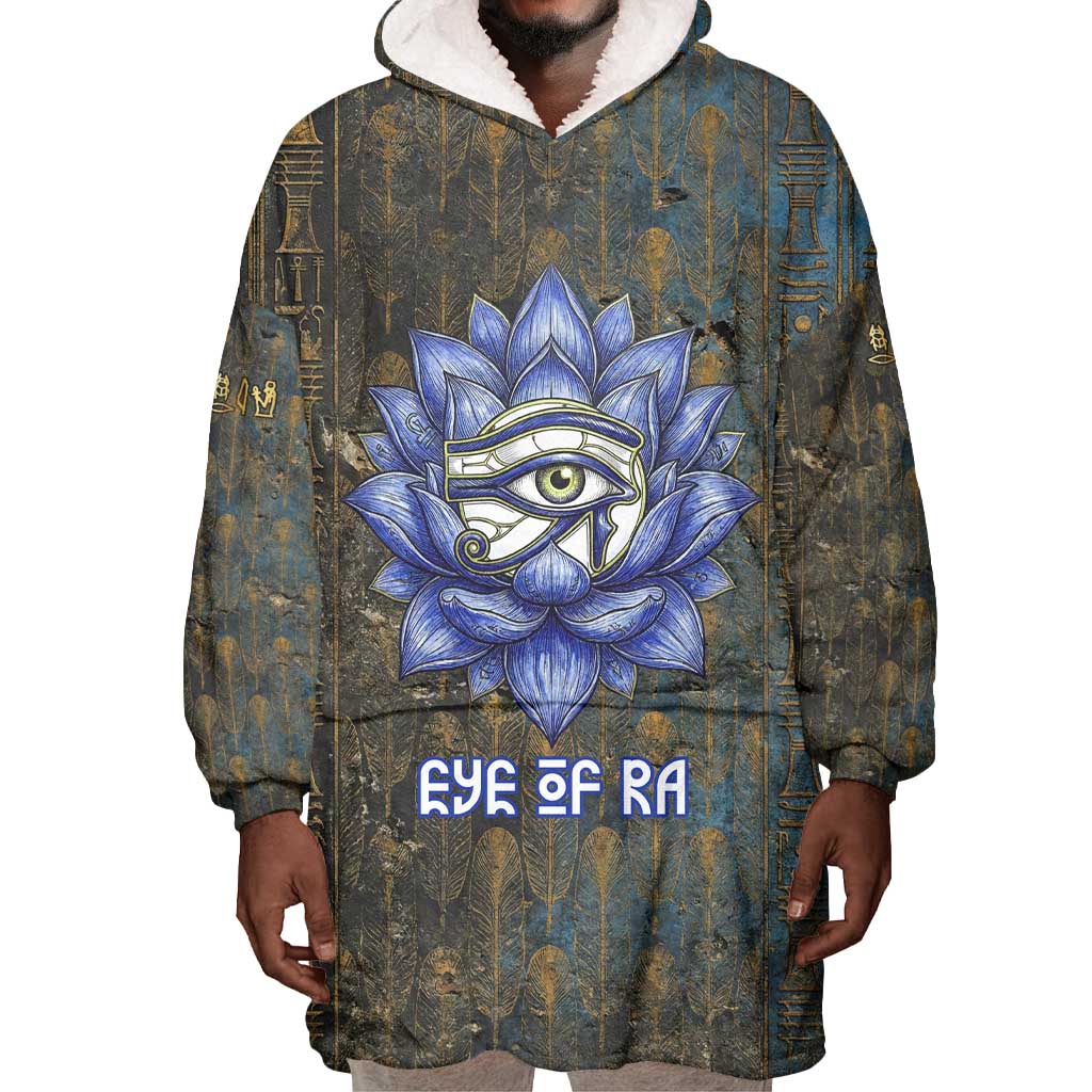 Khepri Ancient Egyptian Wearable Blanket Hoodie Dark Hieroglyphic, Blue Lotus Eye Symbol, and Winged Scarab Resurrection - African Pride