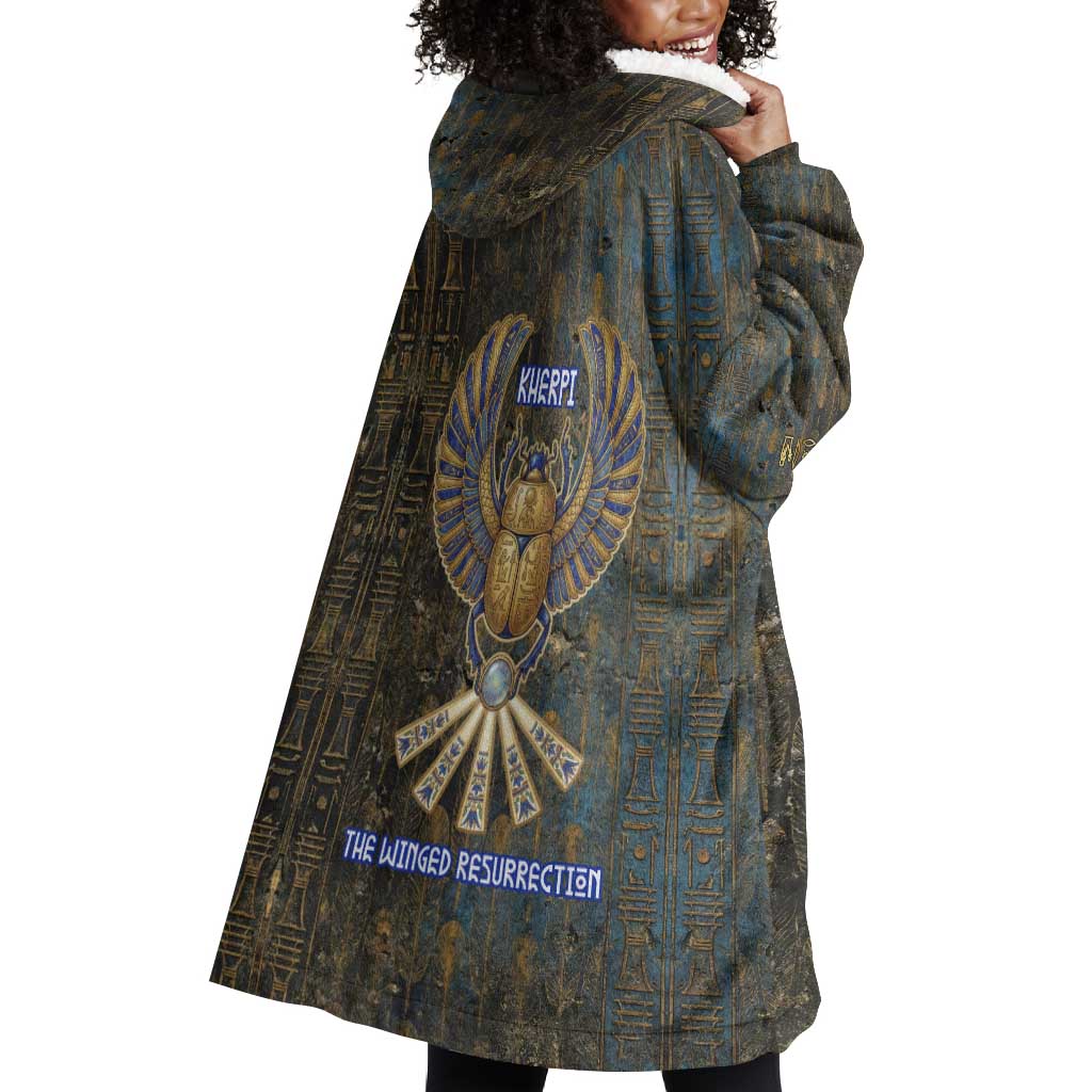Khepri Ancient Egyptian Wearable Blanket Hoodie Dark Hieroglyphic, Blue Lotus Eye Symbol, and Winged Scarab Resurrection - African Pride
