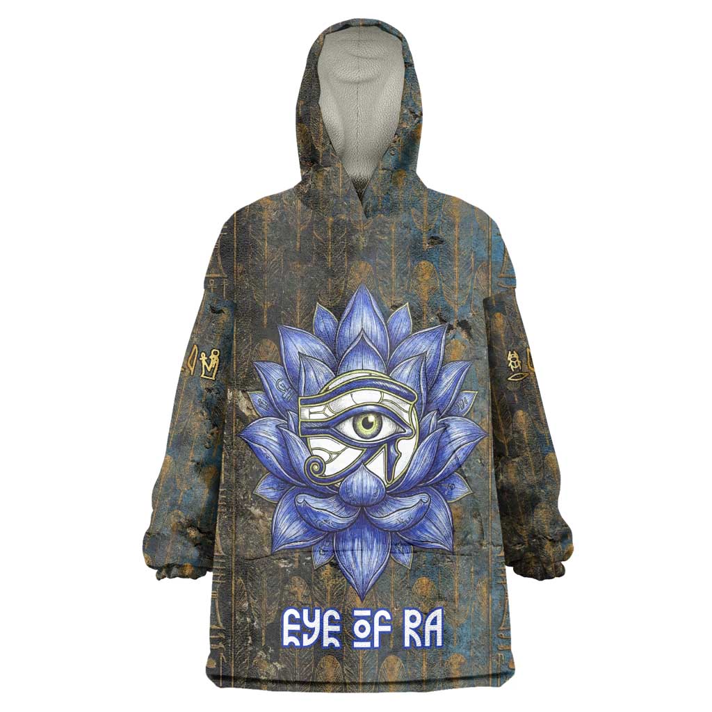 Khepri Ancient Egyptian Wearable Blanket Hoodie Dark Hieroglyphic, Blue Lotus Eye Symbol, and Winged Scarab Resurrection - African Pride