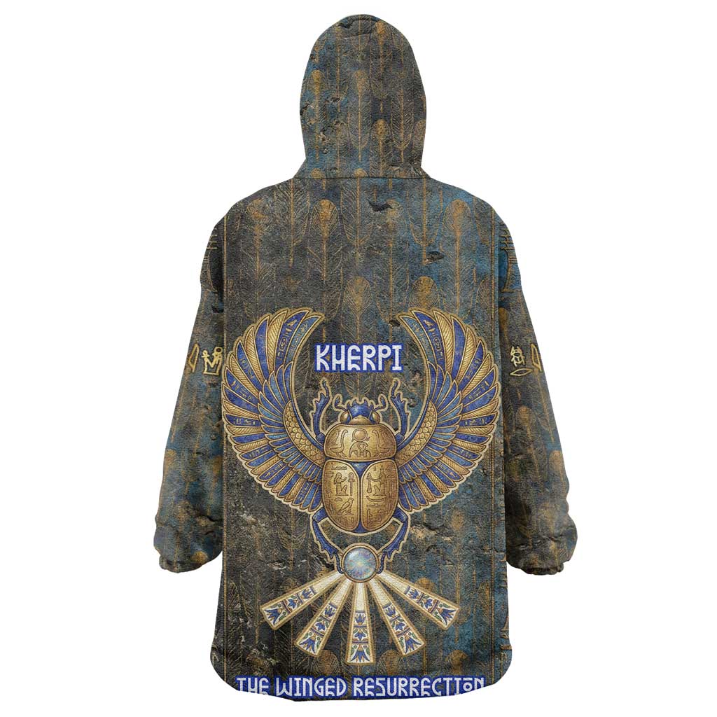 Khepri Ancient Egyptian Wearable Blanket Hoodie Dark Hieroglyphic, Blue Lotus Eye Symbol, and Winged Scarab Resurrection - African Pride