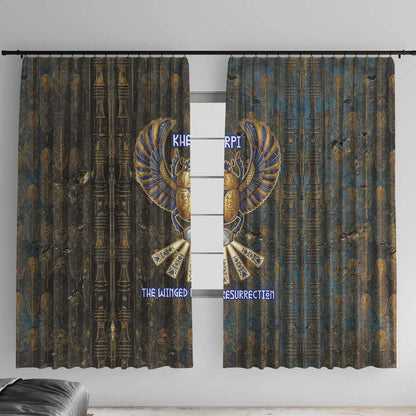 Khepri Ancient Egyptian Window Curtain Dark Hieroglyphic, Blue Lotus Eye Symbol, and Winged Scarab Resurrection - African Pride