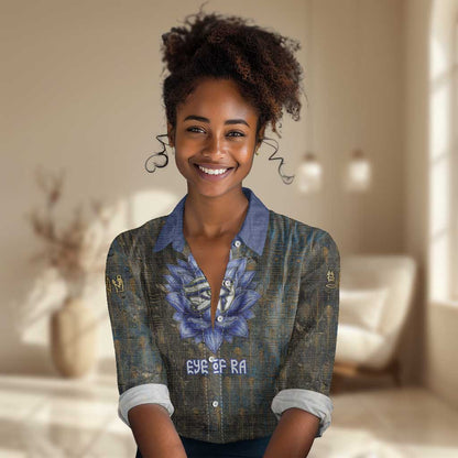 Khepri Ancient Egyptian Women Casual Shirt Dark Hieroglyphic, Blue Lotus Eye Symbol, and Winged Scarab Resurrection - African Pride