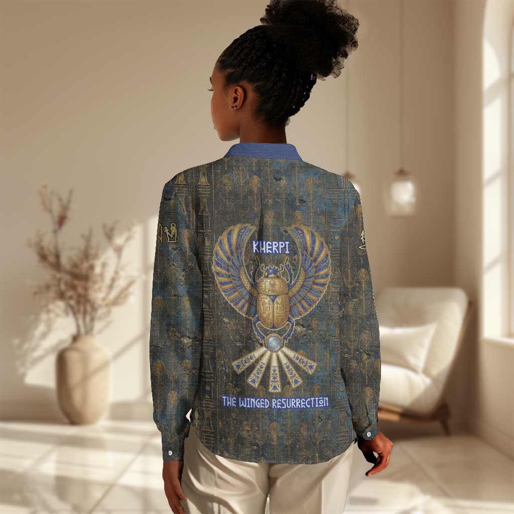 Khepri Ancient Egyptian Women Casual Shirt Dark Hieroglyphic, Blue Lotus Eye Symbol, and Winged Scarab Resurrection - African Pride