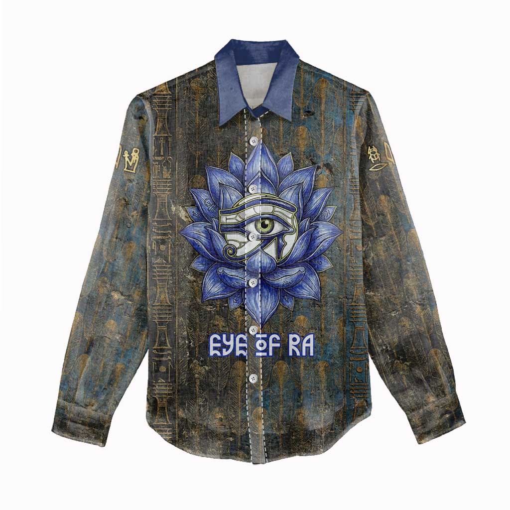 Khepri Ancient Egyptian Women Casual Shirt Dark Hieroglyphic, Blue Lotus Eye Symbol, and Winged Scarab Resurrection - African Pride