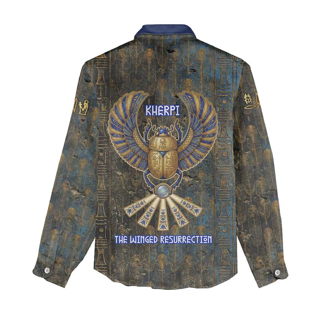 Khepri Ancient Egyptian Women Casual Shirt Dark Hieroglyphic, Blue Lotus Eye Symbol, and Winged Scarab Resurrection - African Pride