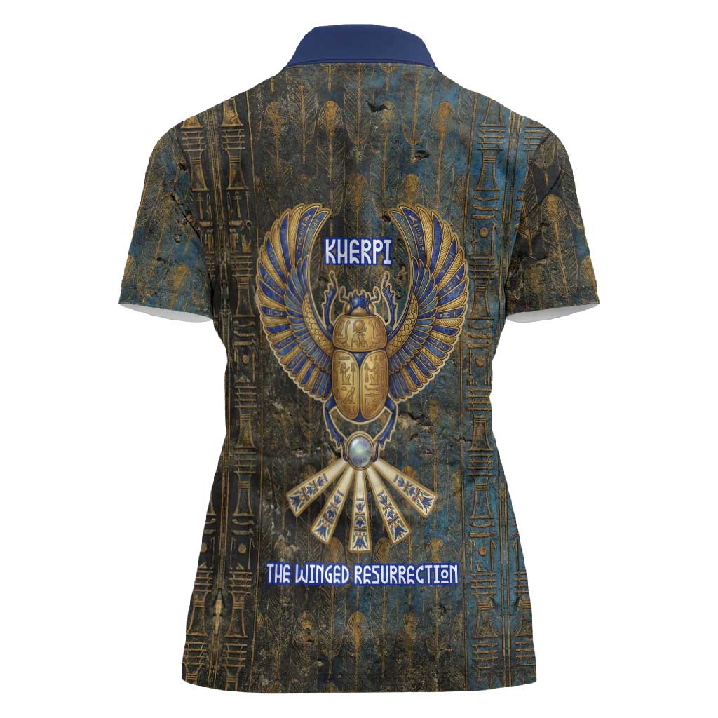 Khepri Ancient Egyptian Women Polo Shirt Dark Hieroglyphic, Blue Lotus Eye Symbol, and Winged Scarab Resurrection - African Pride