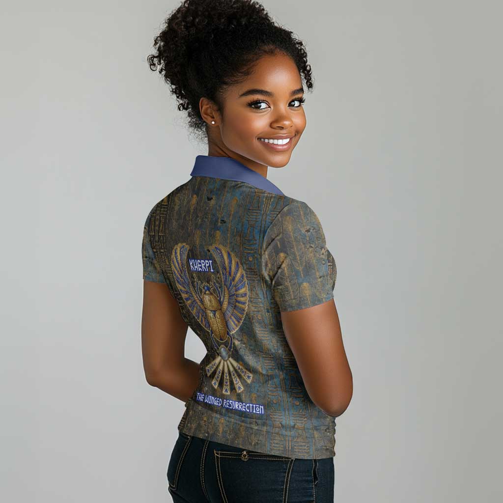 Khepri Ancient Egyptian Women Polo Shirt Dark Hieroglyphic, Blue Lotus Eye Symbol, and Winged Scarab Resurrection - African Pride