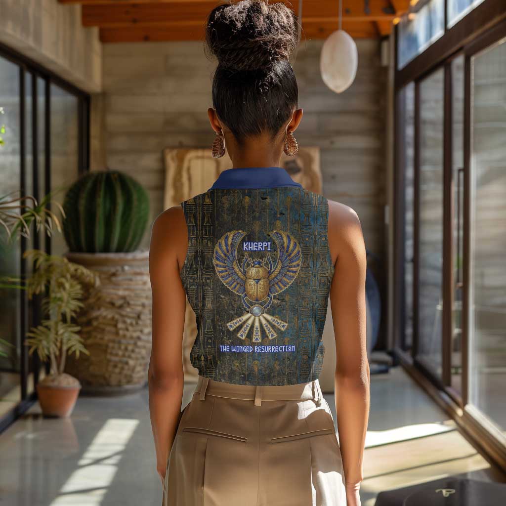 Khepri Ancient Egyptian Women Sleeveless Polo Shirt Dark Hieroglyphic, Blue Lotus Eye Symbol, and Winged Scarab Resurrection - African Pride