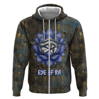 Khepri Ancient Egyptian Zip Hoodie Dark Hieroglyphic, Blue Lotus Eye Symbol, and Winged Scarab Resurrection - African Pride