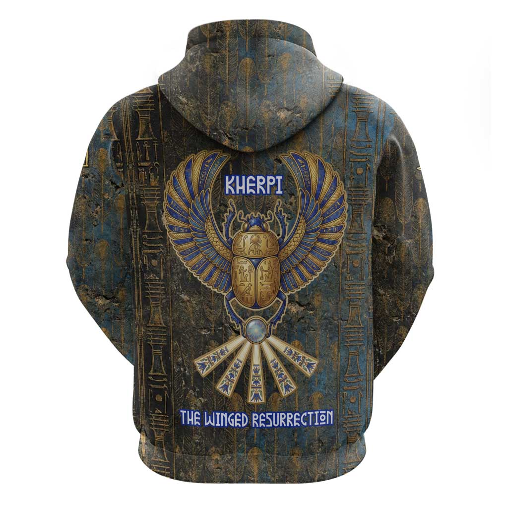 Khepri Ancient Egyptian Zip Hoodie Dark Hieroglyphic, Blue Lotus Eye Symbol, and Winged Scarab Resurrection - African Pride