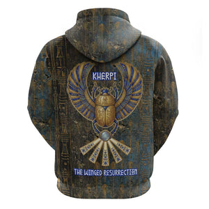 Khepri Ancient Egyptian Zip Hoodie Dark Hieroglyphic, Blue Lotus Eye Symbol, and Winged Scarab Resurrection - African Pride