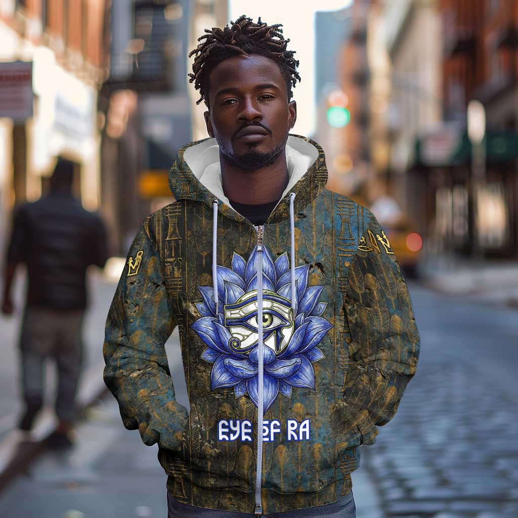 Khepri Ancient Egyptian Zip Hoodie Dark Hieroglyphic, Blue Lotus Eye Symbol, and Winged Scarab Resurrection - African Pride