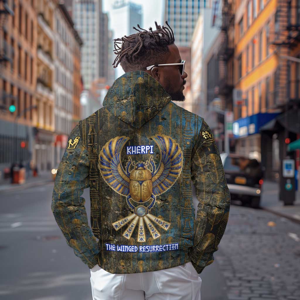 Khepri Ancient Egyptian Zip Hoodie Dark Hieroglyphic, Blue Lotus Eye Symbol, and Winged Scarab Resurrection - African Pride