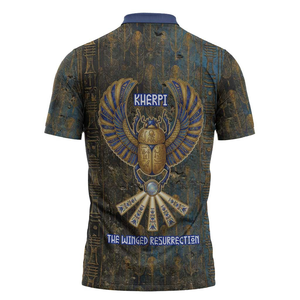 Khepri Ancient Egyptian Zipper Polo Shirt Dark Hieroglyphic, Blue Lotus Eye Symbol, and Winged Scarab Resurrection - African Pride