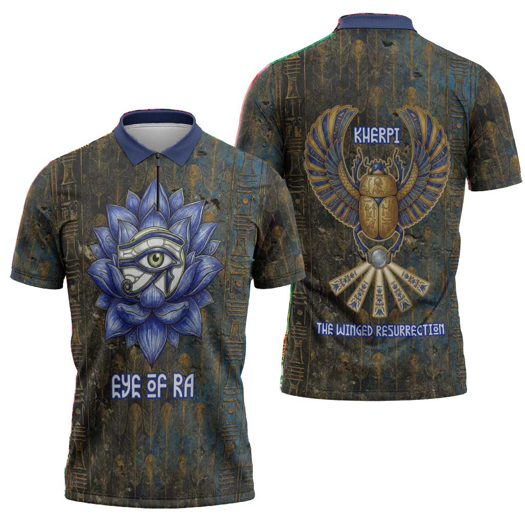 Khepri Ancient Egyptian Zipper Polo Shirt Dark Hieroglyphic, Blue Lotus Eye Symbol, and Winged Scarab Resurrection - African Pride