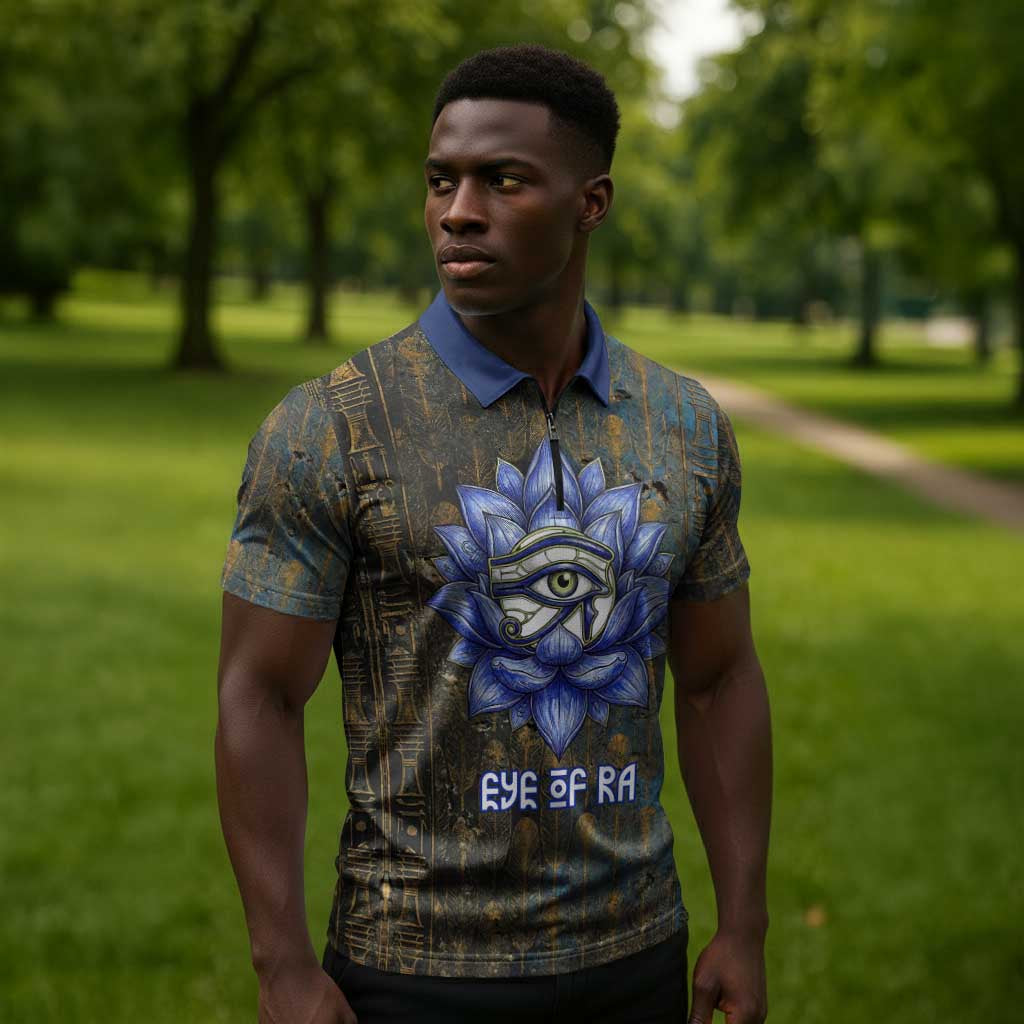 Khepri Ancient Egyptian Zipper Polo Shirt Dark Hieroglyphic, Blue Lotus Eye Symbol, and Winged Scarab Resurrection - African Pride