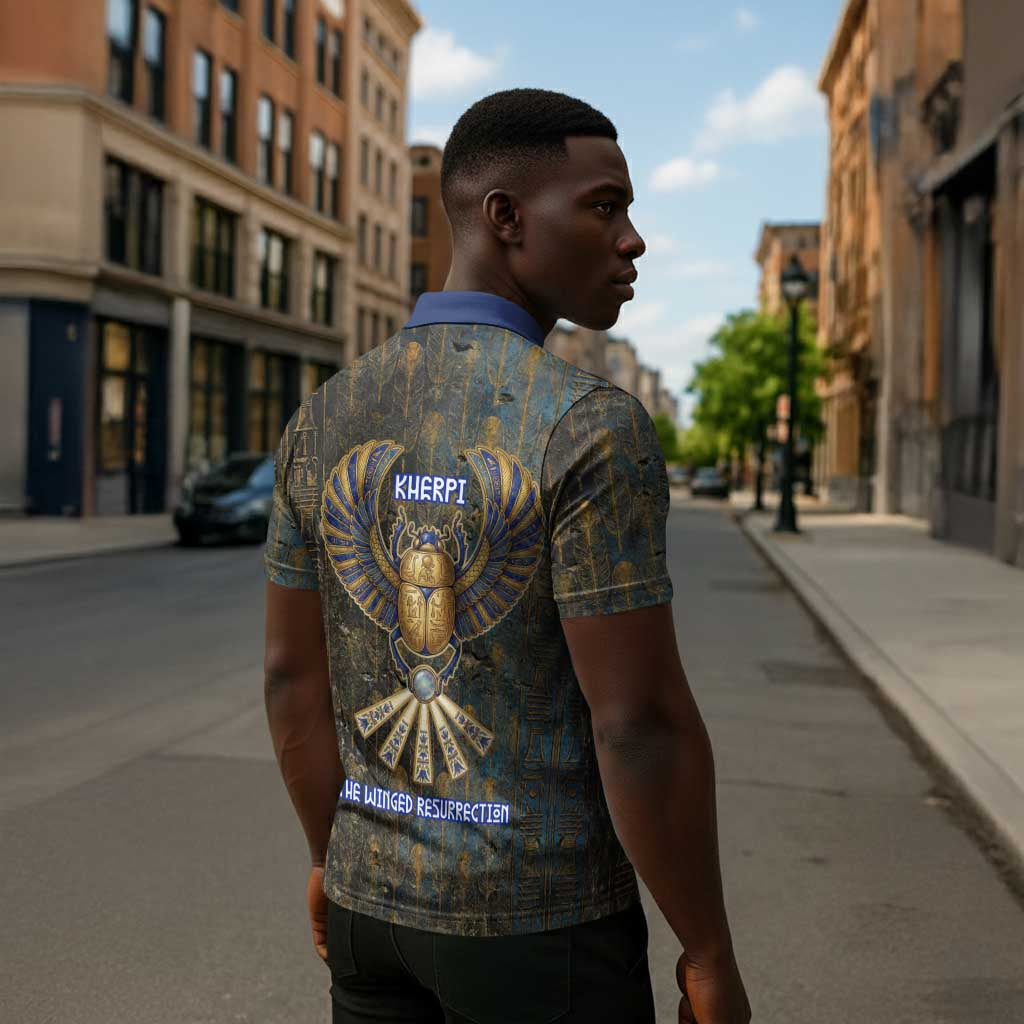 Khepri Ancient Egyptian Zipper Polo Shirt Dark Hieroglyphic, Blue Lotus Eye Symbol, and Winged Scarab Resurrection - African Pride