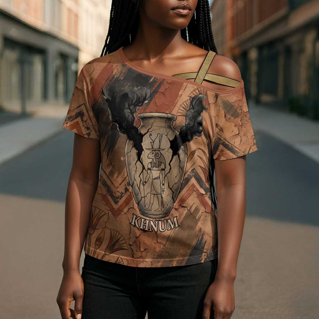 Khnum Cross Shoulder Shirt Ancient Egyptian Earthy Cracked Papyrus - Divine Potter - African Pride