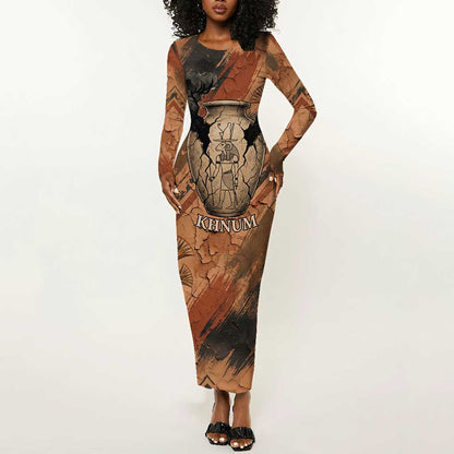 Khnum Long Sleeve Bodycon Dress Ancient Egyptian Earthy Cracked Papyrus - Divine Potter - African Pride