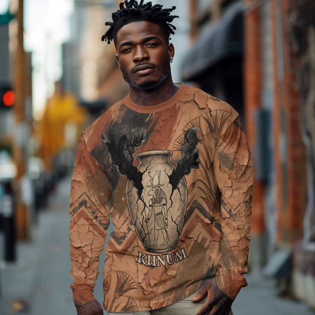 Khnum Long Sleeve Shirt Ancient Egyptian Earthy Cracked Papyrus - Divine Potter - African Pride