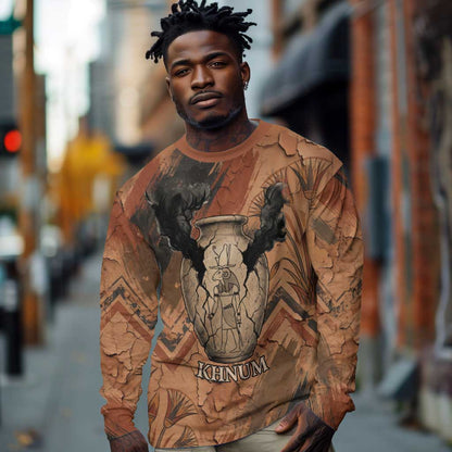 Khnum Long Sleeve Shirt Ancient Egyptian Earthy Cracked Papyrus - Divine Potter - African Pride