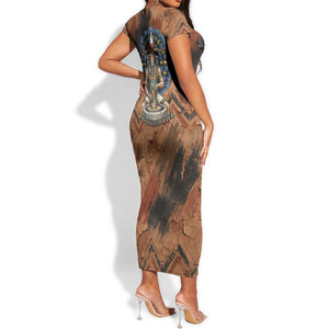 Khnum Short Sleeve Bodycon Dress Ancient Egyptian Earthy Cracked Papyrus - Divine Potter - African Pride
