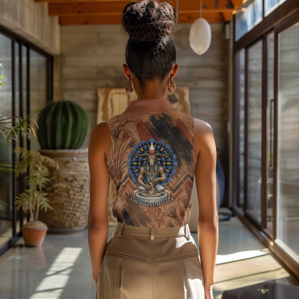 Khnum Women Sleeveless Polo Shirt Ancient Egyptian Earthy Cracked Papyrus - Divine Potter - African Pride