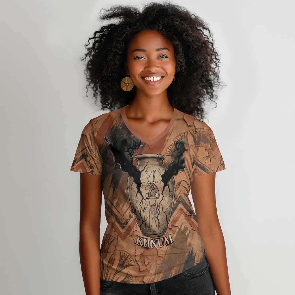 Khnum Women V-Neck T-Shirt Ancient Egyptian Earthy Cracked Papyrus - Divine Potter - African Pride