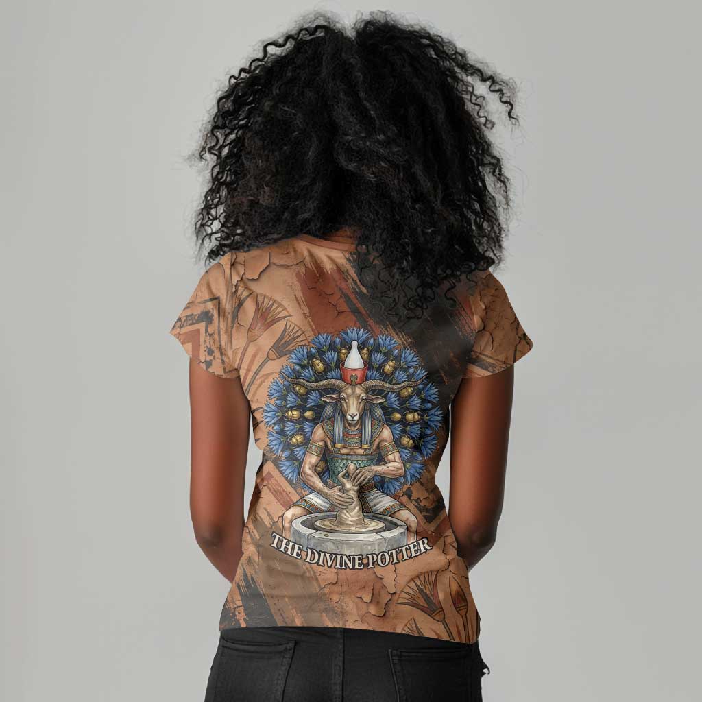 Khnum Women V-Neck T-Shirt Ancient Egyptian Earthy Cracked Papyrus - Divine Potter - African Pride