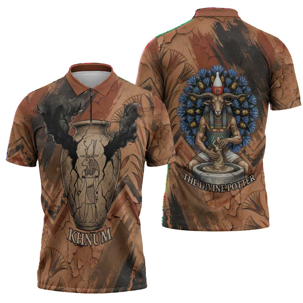 Khnum Zipper Polo Shirt Ancient Egyptian Earthy Cracked Papyrus - Divine Potter - African Pride