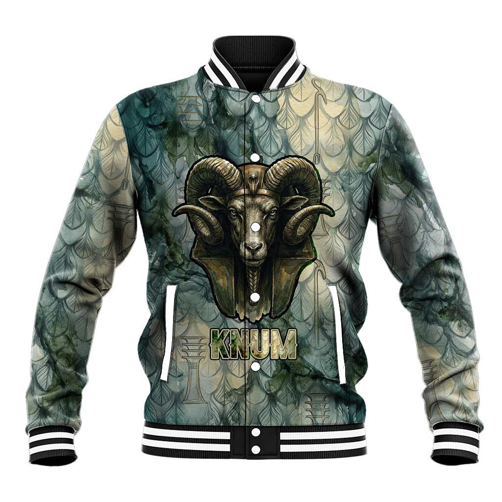 Khnum Ancient Egyptian Baseball Jacket with Smoky Leaf, Ram Head Emblem, and Guardian of the Cataract - African Pride