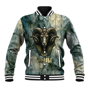 Khnum Ancient Egyptian Baseball Jacket with Smoky Leaf, Ram Head Emblem, and Guardian of the Cataract - African Pride