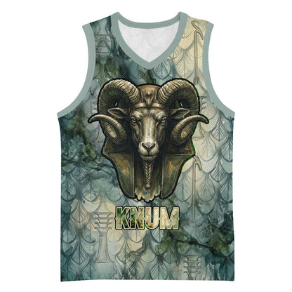 Khnum Ancient Egyptian Basketball Jersey with Smoky Leaf, Ram Head Emblem, and Guardian of the Cataract - African Pride