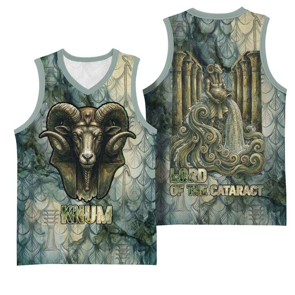 Khnum Ancient Egyptian Basketball Jersey with Smoky Leaf, Ram Head Emblem, and Guardian of the Cataract - African Pride