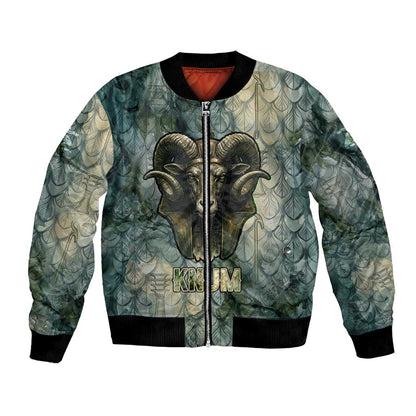Khnum Ancient Egyptian Bomber Jacket with Smoky Leaf, Ram Head Emblem, and Guardian of the Cataract - African Pride