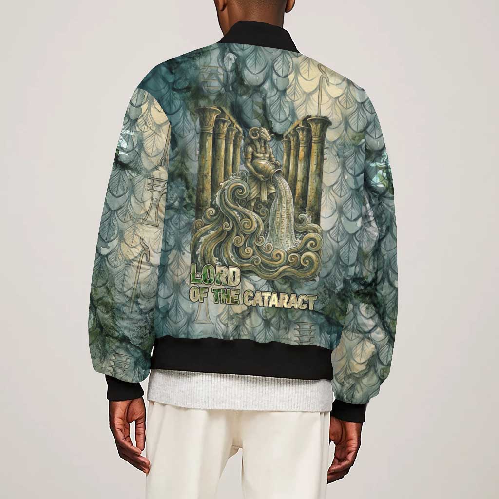 Khnum Ancient Egyptian Bomber Jacket with Smoky Leaf, Ram Head Emblem, and Guardian of the Cataract - African Pride