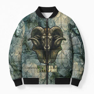 Khnum Ancient Egyptian Bomber Puffer Jacket with Smoky Leaf, Ram Head Emblem, and Guardian of the Cataract - African Pride