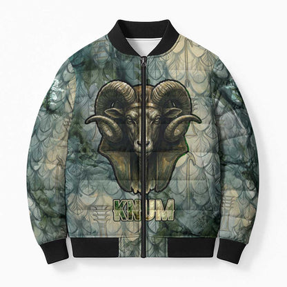 Khnum Ancient Egyptian Bomber Puffer Jacket with Smoky Leaf, Ram Head Emblem, and Guardian of the Cataract - African Pride