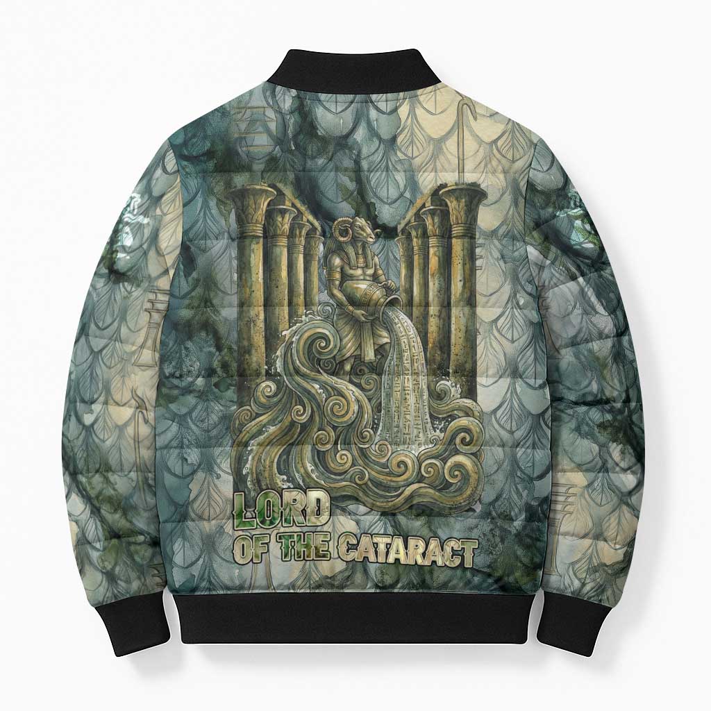 Khnum Ancient Egyptian Bomber Puffer Jacket with Smoky Leaf, Ram Head Emblem, and Guardian of the Cataract - African Pride
