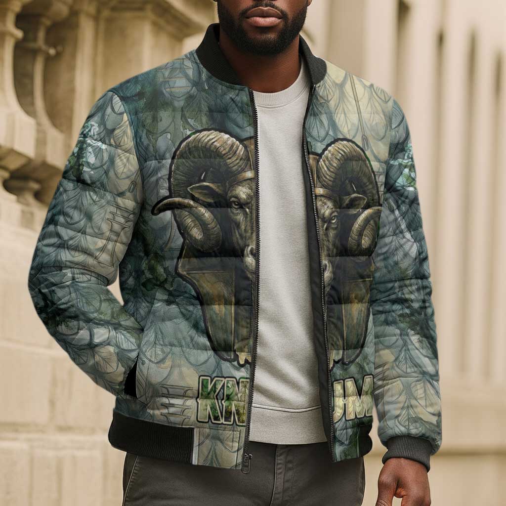 Khnum Ancient Egyptian Bomber Puffer Jacket with Smoky Leaf, Ram Head Emblem, and Guardian of the Cataract - African Pride