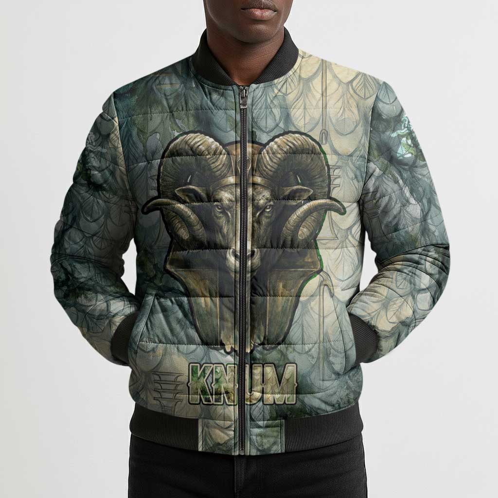 Khnum Ancient Egyptian Bomber Puffer Jacket with Smoky Leaf, Ram Head Emblem, and Guardian of the Cataract - African Pride