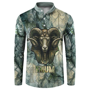 Khnum Ancient Egyptian Button Sweatshirt with Smoky Leaf, Ram Head Emblem, and Guardian of the Cataract