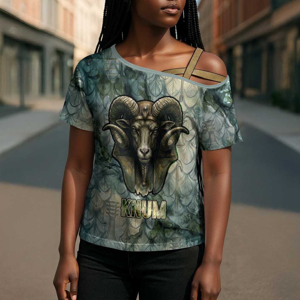 Khnum Ancient Egyptian Cross Shoulder Shirt with Smoky Leaf, Ram Head Emblem, and Guardian of the Cataract - African Pride