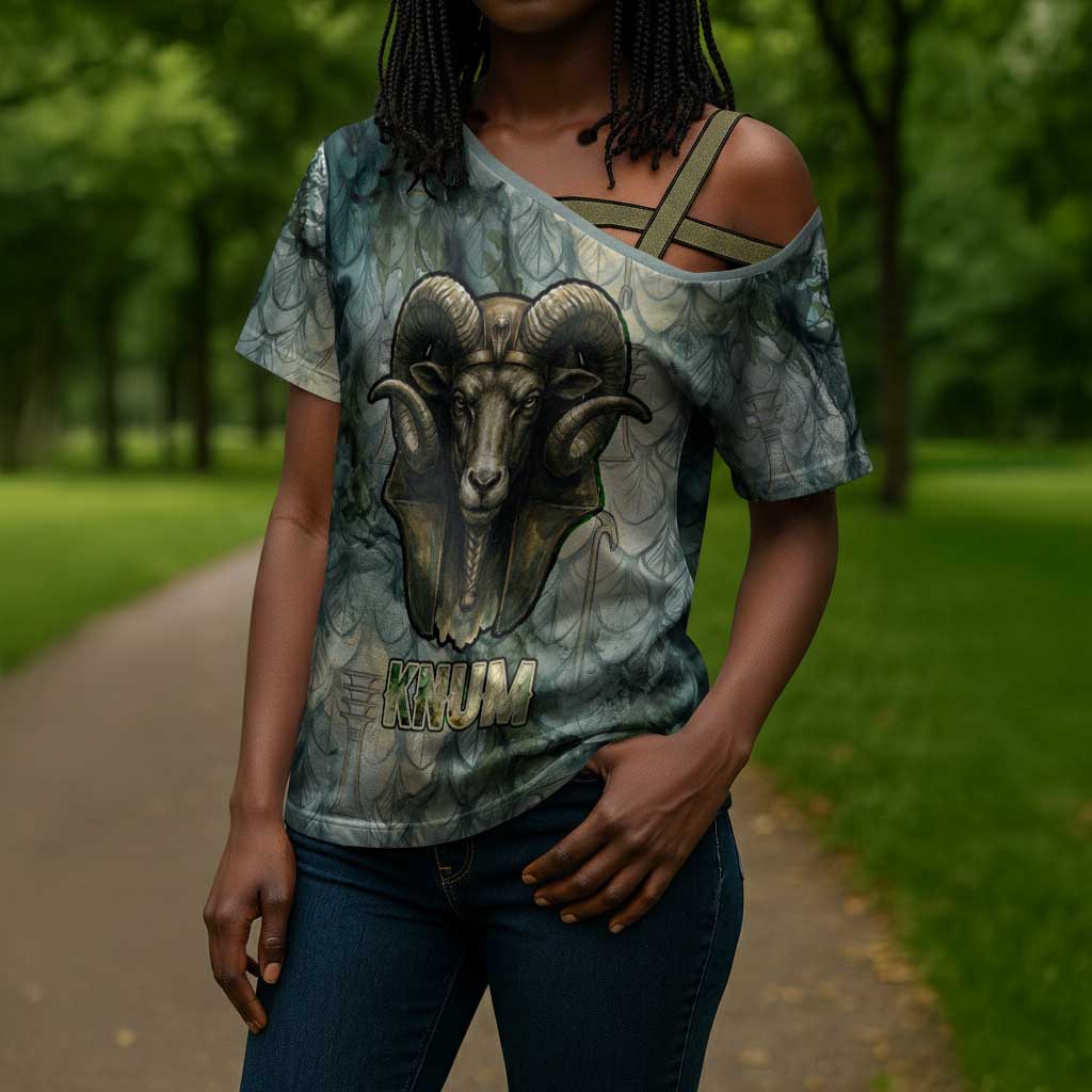 Khnum Ancient Egyptian Cross Shoulder Shirt with Smoky Leaf, Ram Head Emblem, and Guardian of the Cataract - African Pride