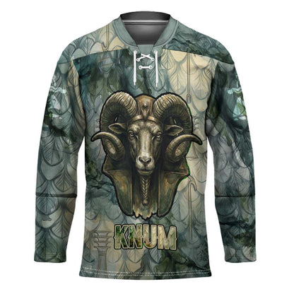 Khnum Ancient Egyptian Hockey Jersey with Smoky Leaf, Ram Head Emblem, and Guardian of the Cataract - African Pride